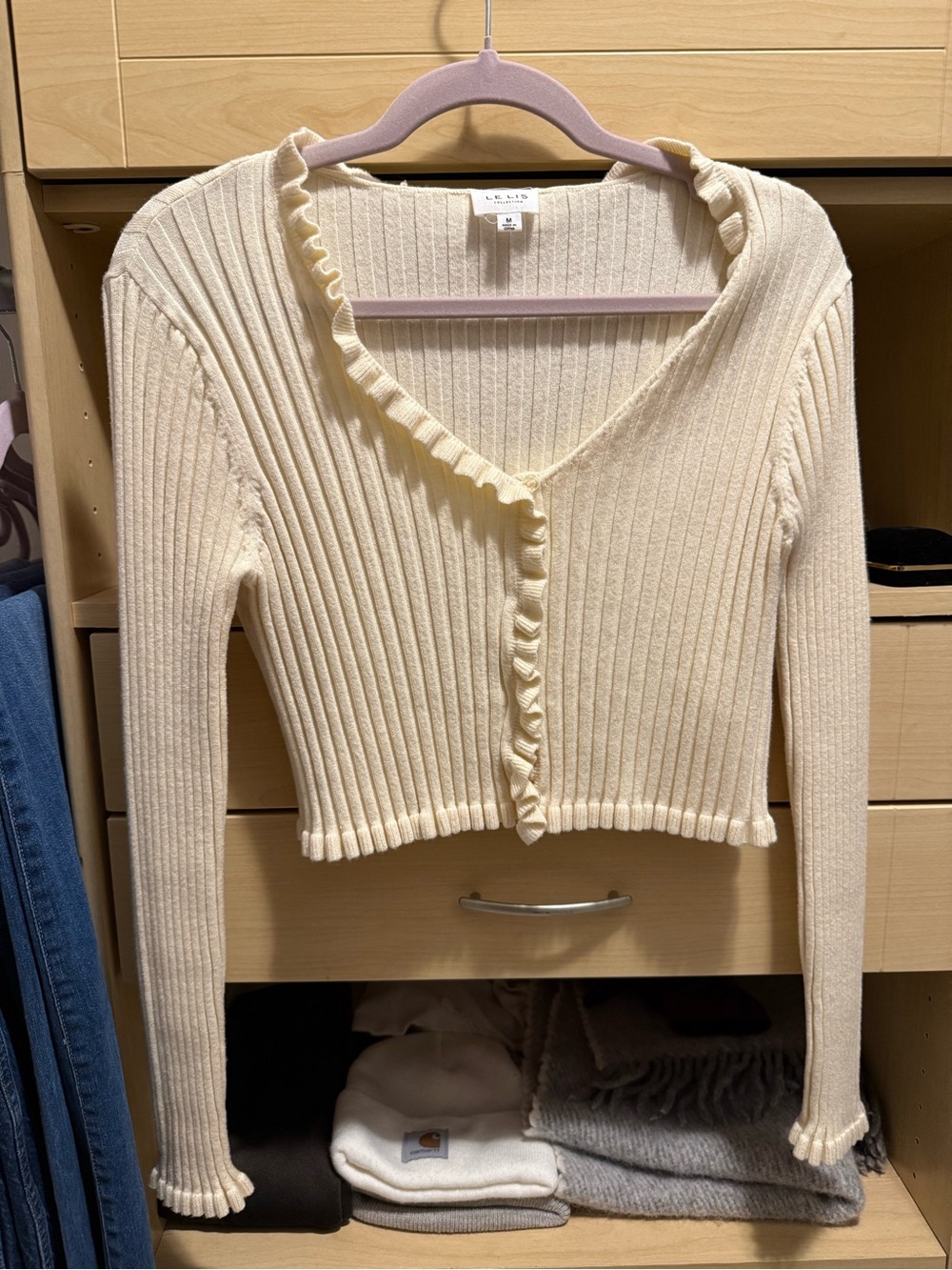 Le Lis Cream Ruffle-Trim Ribbed Cropped Cardigan